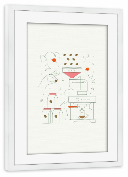 Poster mit Rahmen weiß "Kaffeemaschine" artboxONE - Essen & Trinken - Kaffee,Bohne,Café,Bio,Getränk,Shop,Pack,Paket,Container,Maschine,Ausrüstung