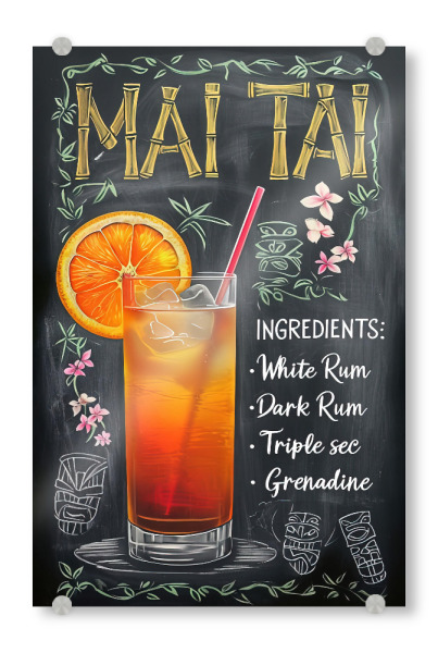 Acrylglasbild "Mai Tai Cocktail B" artboxONE - Essen & Trinken - Mai tai,Cocktail,Rezept,Tafelkunst,Getränk,Orange,Tiki,Tropen,Illustration,Bar
