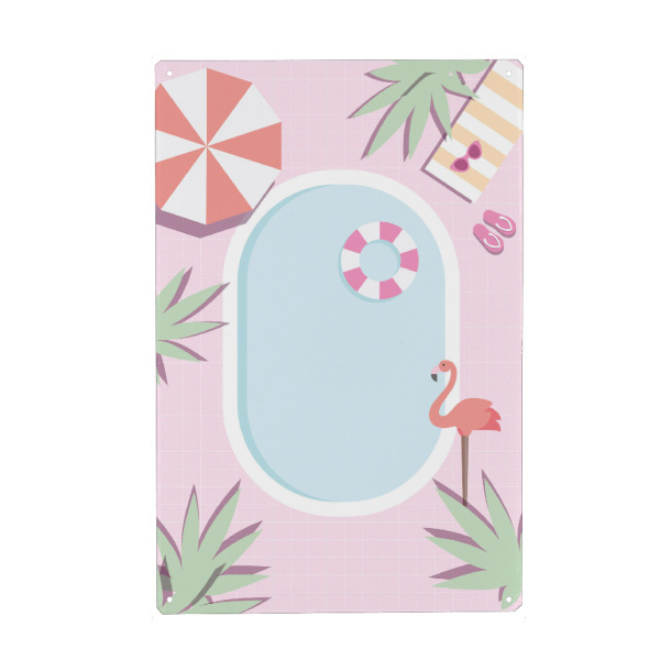 Metall Poster "Sommertraumpool" artboxONE - Reise - Pool,Sommer,Flamingo,Spaß,Pink,Pastell,Tropen,Urlaub,Schwimmen,Entspannen,Kinder,Teen