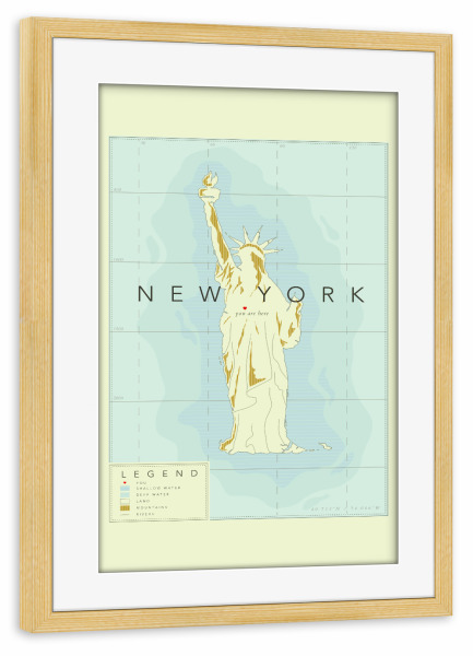 Poster mit Rahmen kiefer "New York Karte mit Freiheitsstatue" artboxONE - Städte,Städte / New York,Kartografie
