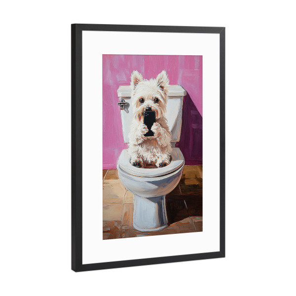 Poster mit Rahmen Schwarz (Metallic) "Handy Spaß mit Hund" artboxONE - Tiere,Abstrakt,Lustig