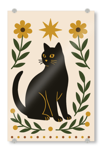 Acrylglasbild "Mystical Cat and Star" artboxONE - Floral - Black cat,Mystical,Floral,Star,Whimsical,Graphic art