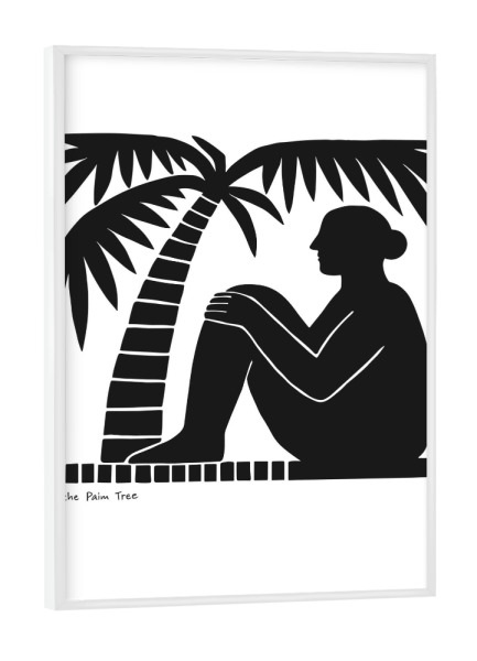 Poster mit weißem Rahmen "Solitude Under the Palm" artboxONE - Schwarzweiß - Minimalistisch,Palme,Einsamkeit,Heiter,Schwarz und weiß,Kontemplation