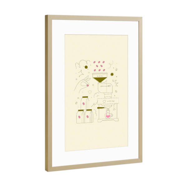 Poster mit Rahmen Gold "Kaffeemaschine gelb" artboxONE - Essen & Trinken - Kaffee,Bohne,Café,Bio,Getränk,Shop,Pack,Paket,Container,Maschine,Ausrüstung