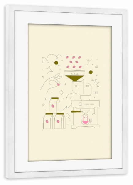 Poster mit Rahmen weiß "Kaffeemaschine gelb" artboxONE - Essen & Trinken - Kaffee,Bohne,Café,Bio,Getränk,Shop,Pack,Paket,Container,Maschine,Ausrüstung
