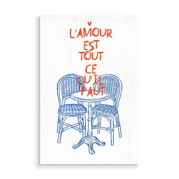 Holzbild "Love is all you need paris" artboxONE - Städte / Paris - Love,French,Bistro,Chairs,Table,Quote,Minimalist,Text,Orange,Blue