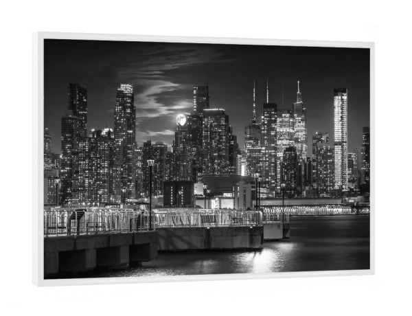 Poster mit weißem Rahmen "Vollmond über Manhattan" artboxONE - Städte,Städte / New York,Reise,Schwarzweiß,Architektur