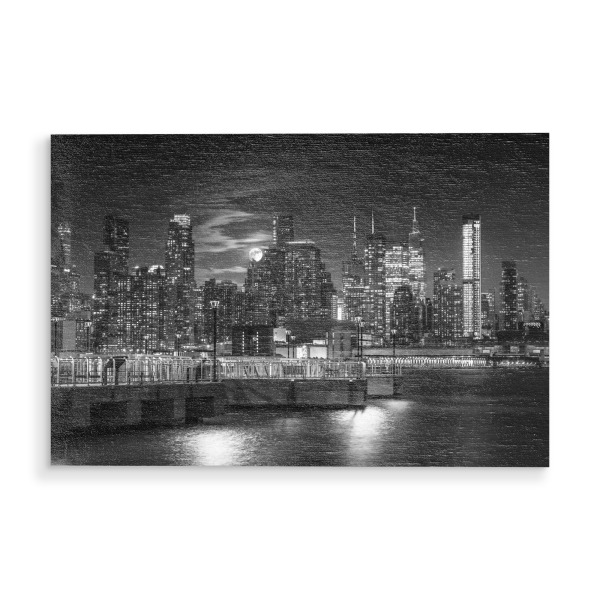 Holzbild "Vollmond über Manhattan" artboxONE - Städte,Städte / New York,Reise,Schwarzweiß,Architektur