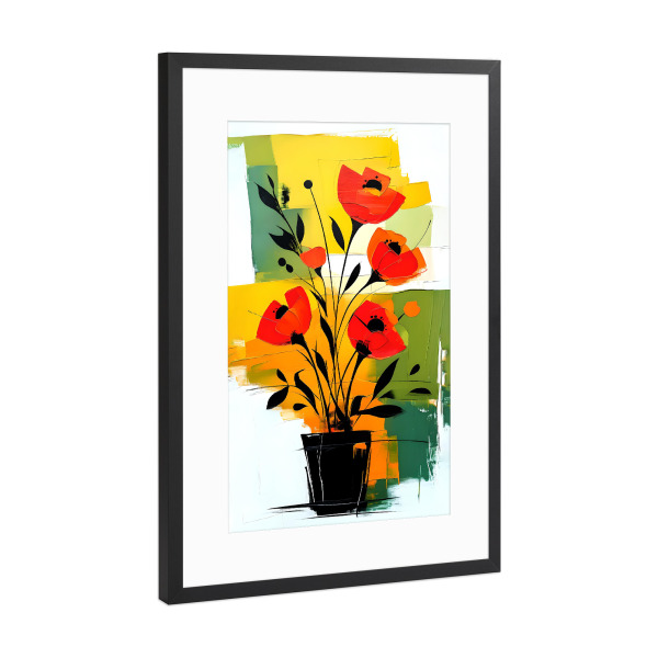 Poster mit Rahmen Schwarz (Metallic) "Abstract Red Flowers in Black Vase" artboxONE - Floral,Abstrakt