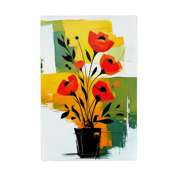 Metall Poster "Abstract Red Flowers in Black Vase" artboxONE - Floral,Abstrakt - Blumen,Rot,Schwarz,Vase,Malerei,Blumen,Moderne kunst,Grün,Gelb