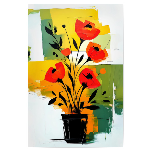 Poster "Abstract Red Flowers in Black Vase" artboxONE - Floral,Abstrakt - Blumen,Rot,Schwarz,Vase,Malerei,Blumen,Moderne kunst,Grün,Gelb