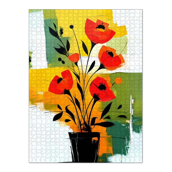 Puzzle Ravensburger "Abstract Red Flowers in Black Vase" artboxONE - Floral,Abstrakt - Blumen,Rot,Schwarz,Vase,Malerei,Blumen,Moderne kunst,Grün,Gelb