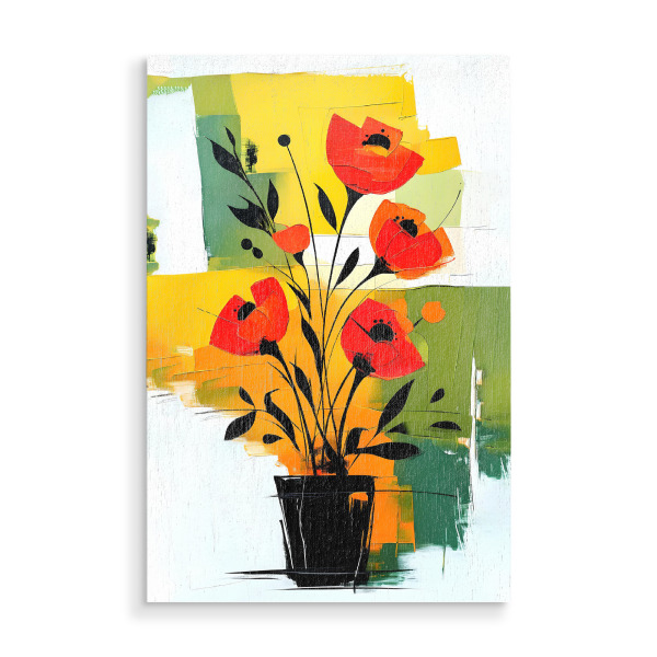 Holzbild "Abstract Red Flowers in Black Vase" artboxONE - Floral,Abstrakt - Blumen,Rot,Schwarz,Vase,Malerei,Blumen,Moderne kunst,Grün,Gelb