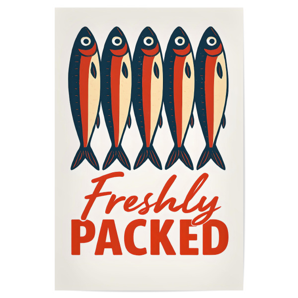 Poster "Frisch gepackte Fischillustration" artboxONE - Abstrakt - Fisch,Illustration,Frisch gepackt,Meeresfrüchte,Retro,Vintage,Essen,Rot,Blau,Beige