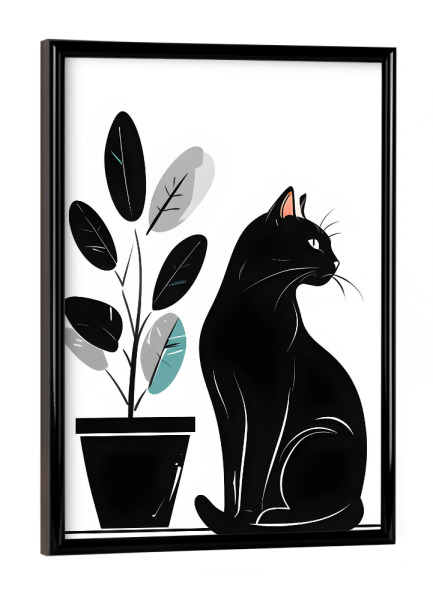 Poster mit schwarzem Rahmen "Schwarze Katze und Pflanze" artboxONE - Tiere,Abstrakt