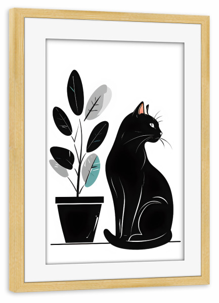 Poster mit Rahmen kiefer "Schwarze Katze und Pflanze" artboxONE - Tiere,Abstrakt