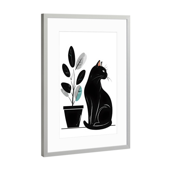 Poster mit Rahmen Silber "Schwarze Katze und Pflanze" artboxONE - Tiere,Abstrakt