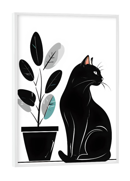 Poster mit weißem Rahmen "Schwarze Katze und Pflanze" artboxONE - Tiere,Abstrakt