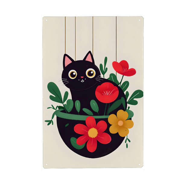 Metall Poster "Schwarze Katze in einem Blumentopf" artboxONE - Tiere,Abstrakt