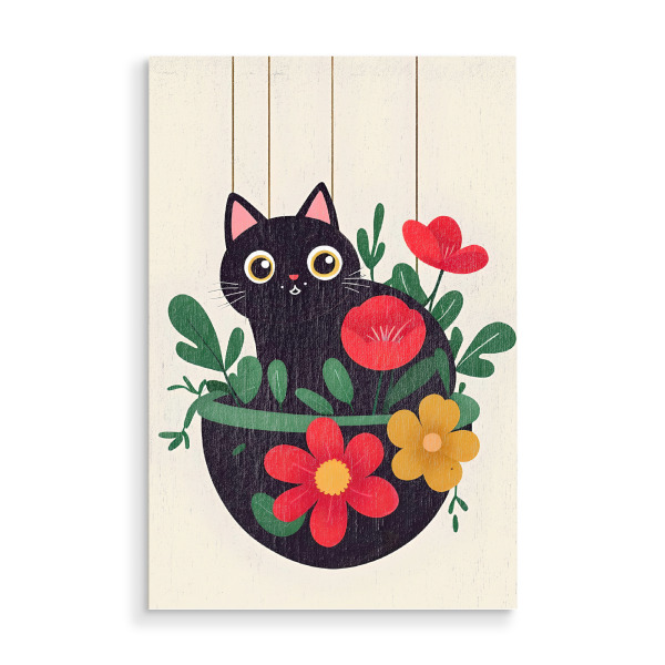 Holzbild "Schwarze Katze in einem Blumentopf" artboxONE - Tiere,Abstrakt