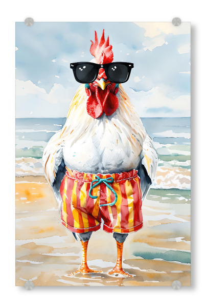 Acrylglasbild "Hahn am Strand" artboxONE - Tiere,Abstrakt - Hahn,Strand,Sonnenbrille,Schwimmstämme,Aquarell,Tier,Sommer,Lustig,Vogel,Urlaub