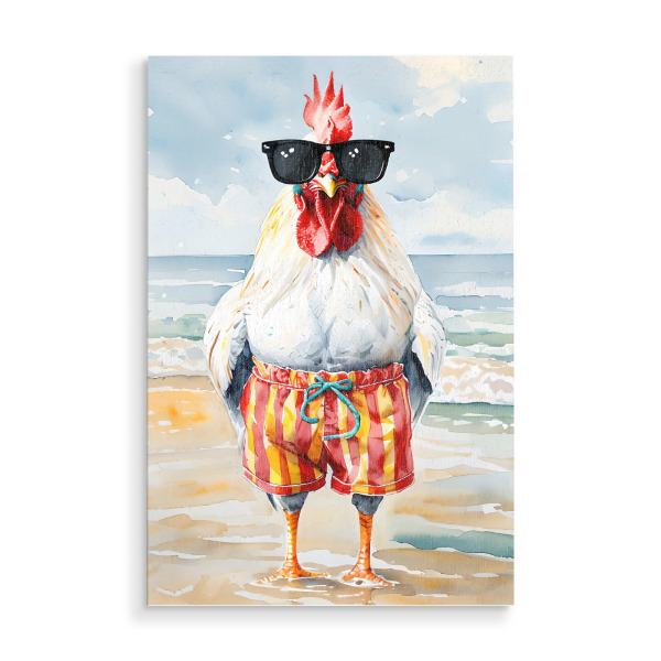 Holzbild "Hahn am Strand" artboxONE - Tiere,Abstrakt - Hahn,Strand,Sonnenbrille,Schwimmstämme,Aquarell,Tier,Sommer,Lustig,Vogel,Urlaub