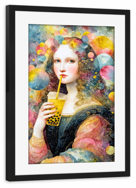 Poster mit Rahmen schwarz "Bubble -Tee mit Mona" artboxONE - Menschen,Fiktion - Mona lisa,Tee,Essen,Kunst,Klassiker,Blase