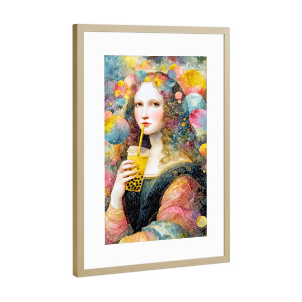 Poster mit Rahmen Gold "Bubble -Tee mit Mona" artboxONE - Menschen,Fiktion - Mona lisa,Tee,Essen,Kunst,Klassiker,Blase