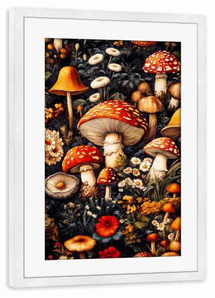 Poster mit Rahmen weiß "Pilze g" artboxONE - Natur,Floral - Pilze,Flora,Baum,Wald,Blätter,Natur,Botanisch