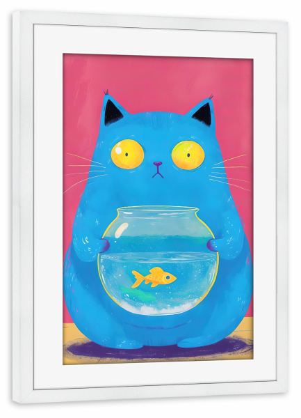 Poster mit Rahmen weiß "Blaue Katze mit Goldfischschale" artboxONE - Tiere,Abstrakt,Lustig