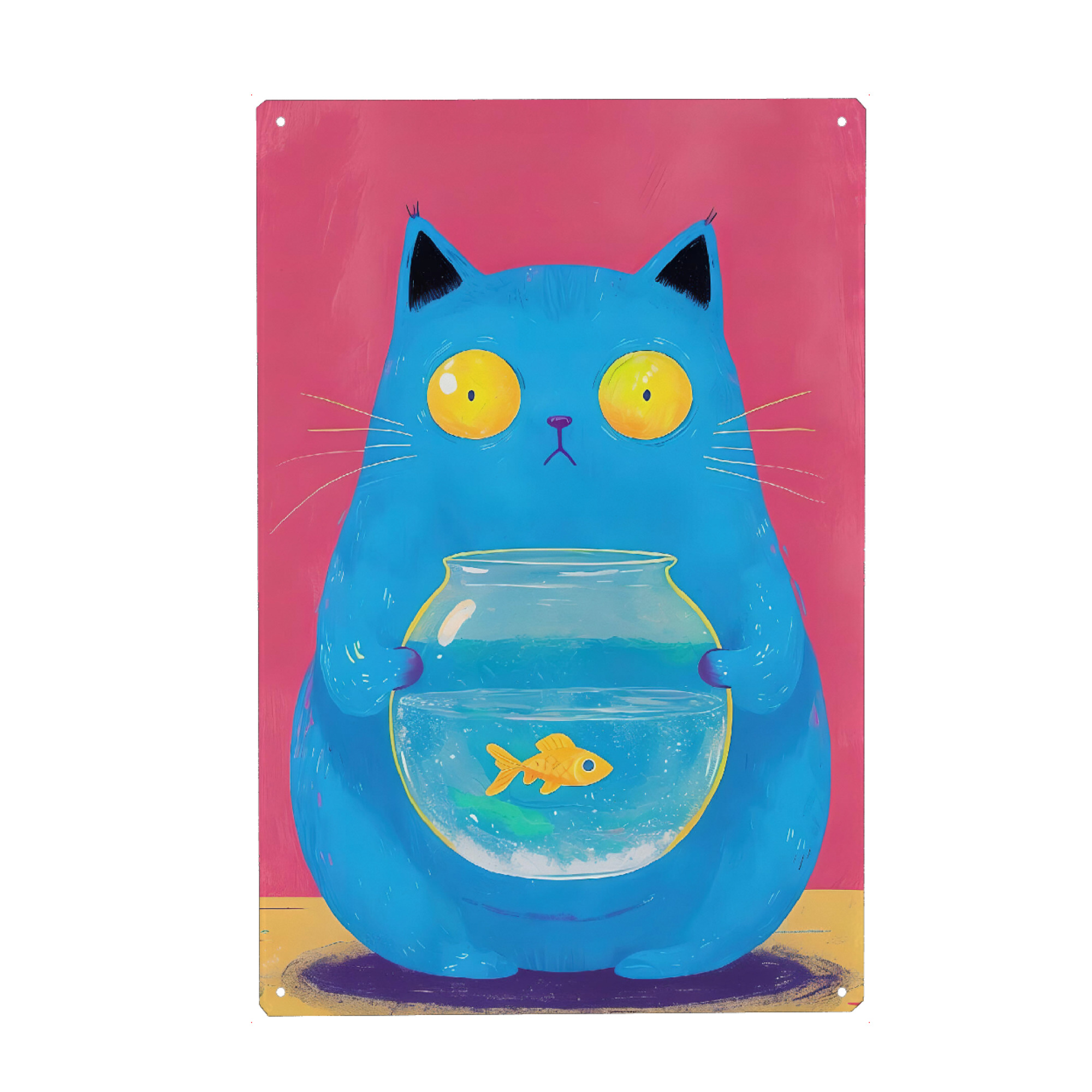 Metall Poster "Blaue Katze mit Goldfischschale" artboxONE - Tiere,Abstrakt,Lustig