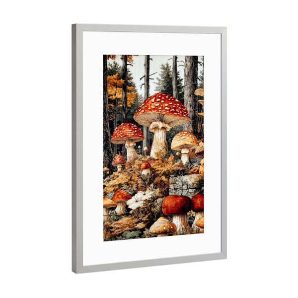 Poster mit Rahmen Silber "Pilze f" artboxONE - Natur,Floral - Pilze,Flora,Baum,Wald,Blätter,Natur,Botanisch