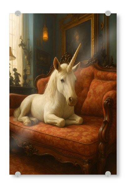 Acrylglasbild "Edles Einhorn auf Samtsofa" artboxONE - Tiere,Abstrakt,Architektur