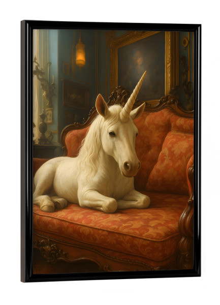 Poster mit schwarzem Rahmen "Edles Einhorn auf Samtsofa" artboxONE - Tiere,Abstrakt,Architektur