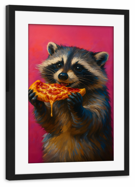 Poster mit Rahmen schwarz "Pizza-Party mit Waschbär" artboxONE - Tiere,Essen & Trinken,Lustig
