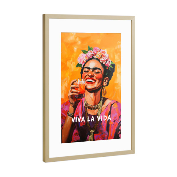 Poster mit Rahmen Gold "Frida's Lebensfreude" artboxONE - Typografie,Floral,Menschen