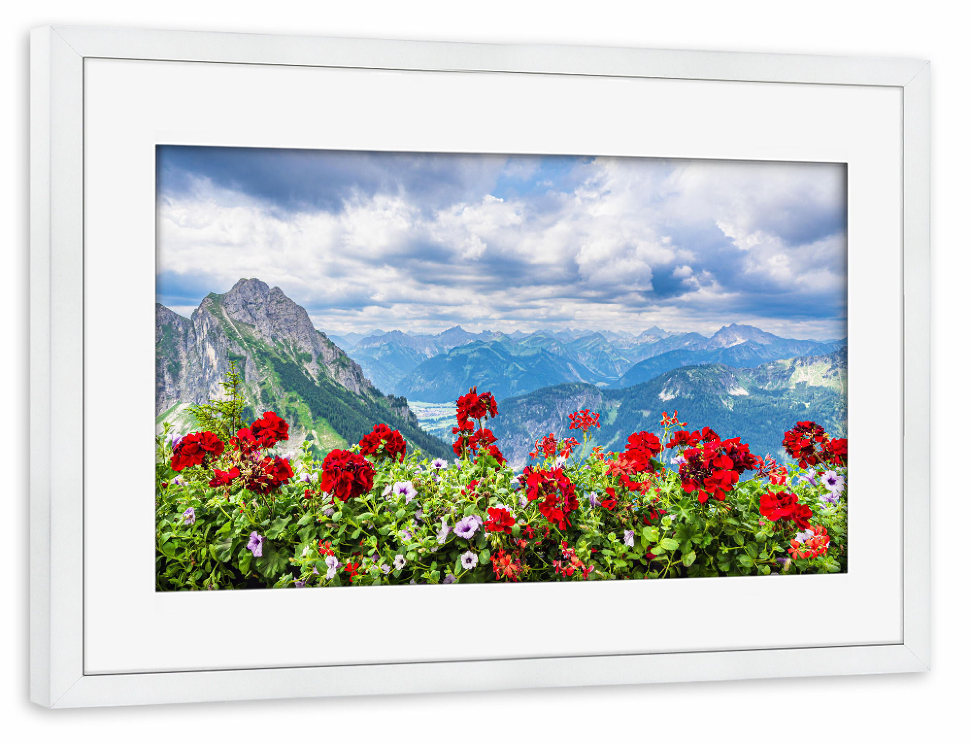 Poster mit Rahmen weiß "Bergblick mit Blumen" artboxONE - Natur,Reise