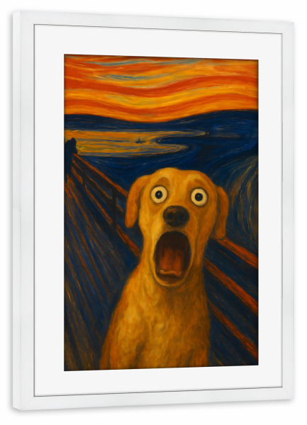 Poster mit Rahmen weiß "Schrei des Hundes" artboxONE - Tiere,Lustig
