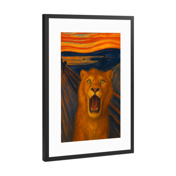 Poster mit Rahmen Schwarz (Metallic) "Der Schrei des Löwen" artboxONE - Tiere,Lustig