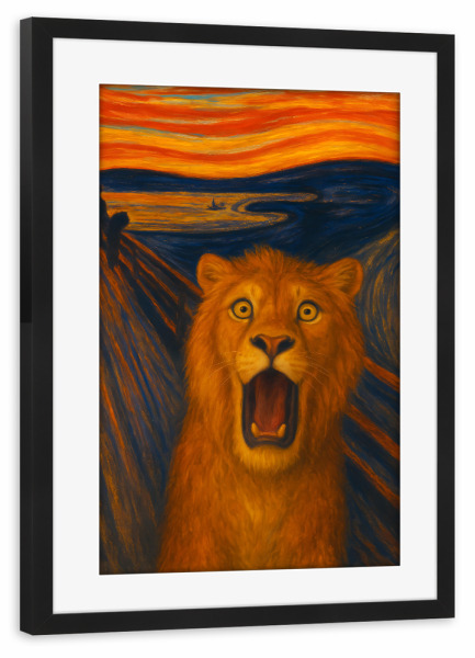 Poster mit Rahmen schwarz "Der Schrei des Löwen" artboxONE - Tiere,Lustig