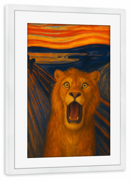 Poster mit Rahmen weiß "Der Schrei des Löwen" artboxONE - Tiere,Lustig