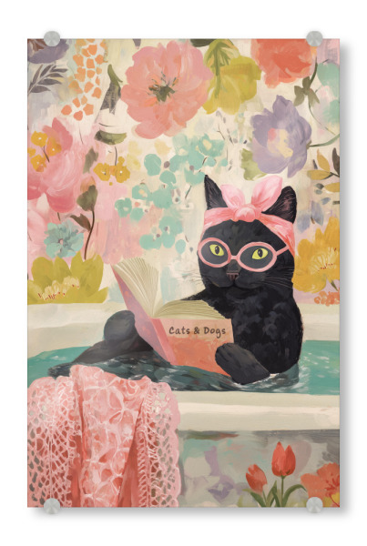 Acrylglasbild "Katzen Wellness mit Buch" artboxONE - Typografie,Floral,Tiere