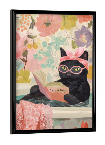 Poster mit schwarzem Rahmen "Katzen Wellness mit Buch" artboxONE - Typografie,Floral,Tiere