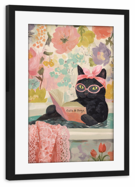 Poster mit Rahmen schwarz "Katzen Wellness mit Buch" artboxONE - Typografie,Floral,Tiere