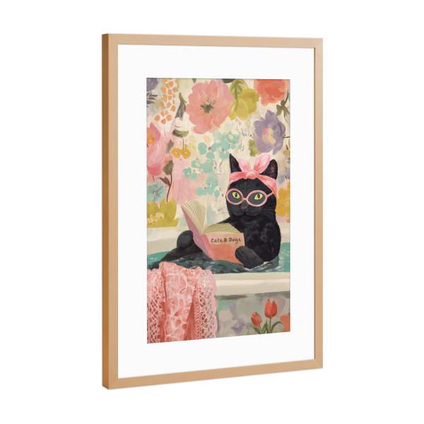 Poster mit Rahmen Kupfer "Katzen Wellness mit Buch" artboxONE - Typografie,Floral,Tiere