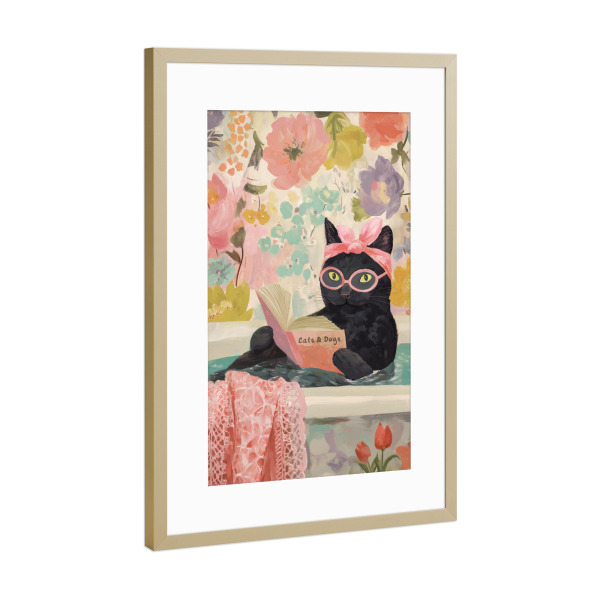 Poster mit Rahmen Gold "Katzen Wellness mit Buch" artboxONE - Typografie,Floral,Tiere