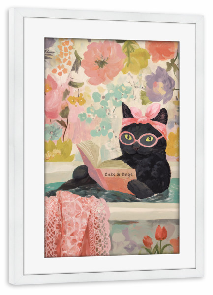 Poster mit Rahmen weiß "Katzen Wellness mit Buch" artboxONE - Typografie,Floral,Tiere