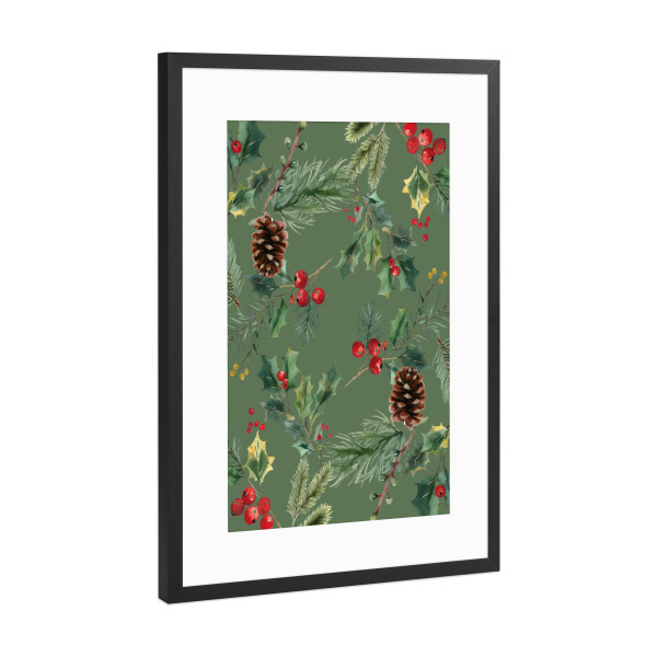 Poster mit Rahmen Schwarz (Metallic) "Naturgrüns Beeren" artboxONE - Weihnachten - Weihnachten,Urlaub,Stechpalme,Tannenzapfen,Beeren