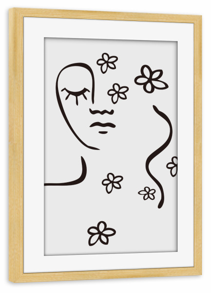 Poster mit Rahmen kiefer "Floral Serenity" artboxONE - Schwarzweiß - Minimalist art,Line art,Floral illustration,Serene face,Calm,Mindfulness