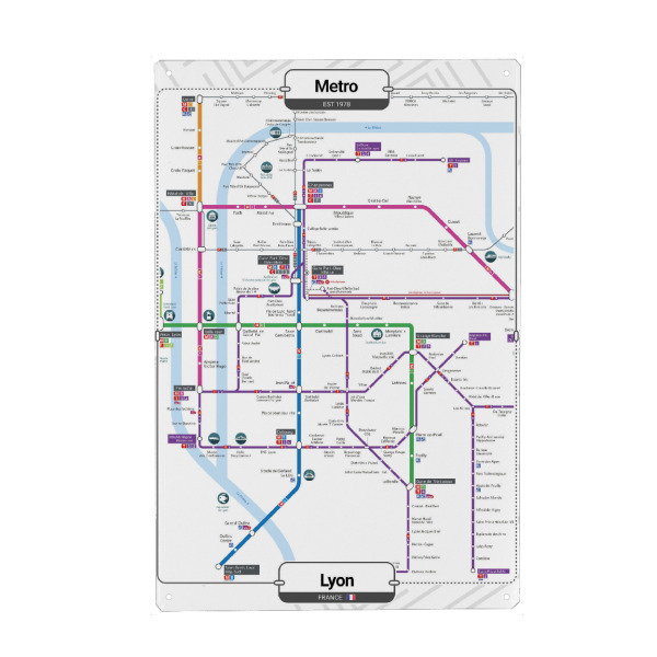 Metall Poster "U -Bahn - Lyon" artboxONE - Städte,Architektur,Kartografie - Stadt,U -bahn,Transit,Schiene,Transport,Karte,Fluss,Lyon,Frankreich